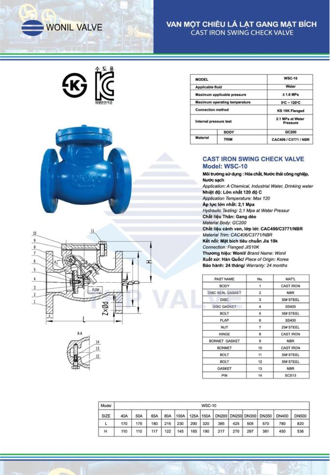 Catalogue valve 1 chiều lá lật gang mặt bích Wonil
