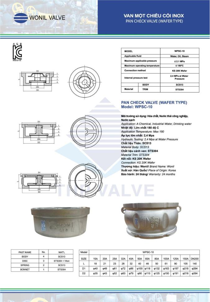 Catalogue valve một chiều cối inox Wonil