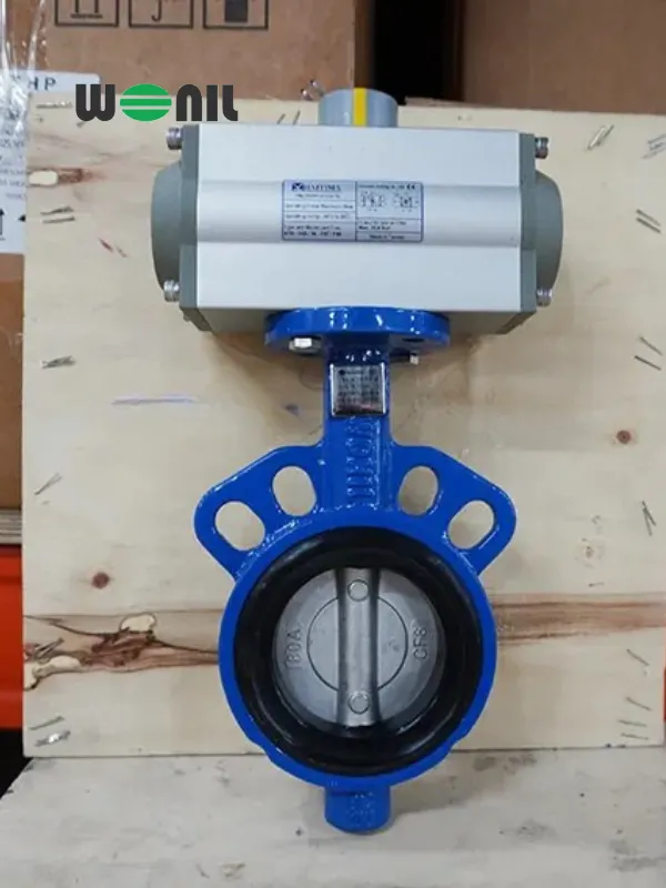 Van bướm gang cánh inox điều khiển khí nén Haitima