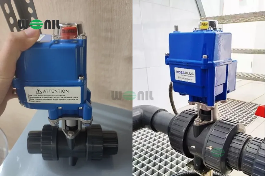 Hình ảnh van bi điện bằng nhựa được lắp đặt vào đường ống